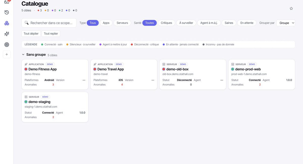 StatHall catalogue: demo applications and servers with their status